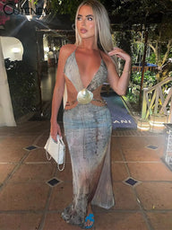 Vintage Sexy Long Dress – Halter Bandage V-Neck Backless Split Shirring for Women - stylishhomedecor2024.com