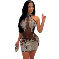 Sexy Mesh Rhinestone Short Prom Evening Mini Dress See Through Outfits