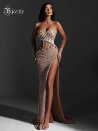 VC Beige Sequins Strapless Long Dress Backless See through Mesh Crystal High Slit Celebrity Party Evening Gowns with Gloves