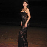 European and American women's 2023 autumn and winter new sexy mesh lace vest one shoulder sleeveless hollow suspender dress