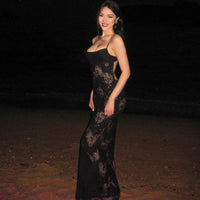 European and American women's 2023 autumn and winter new sexy mesh lace vest one shoulder sleeveless hollow suspender dress