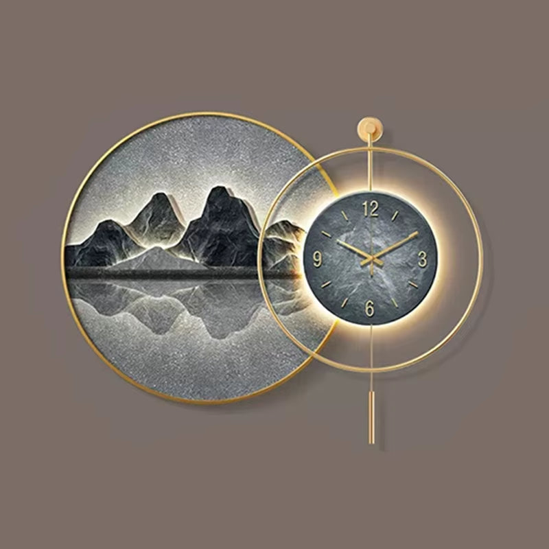 Luxury Modern LED Wall Clock Crystal Canvas Landscape Paintings Digital Modern Lighting Wall Art Mountain Wall Decoration Living