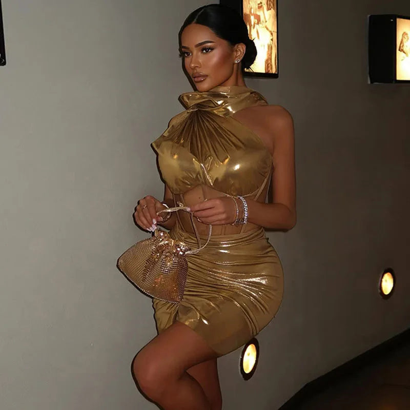 Sexy Night Club 2 Piece Sets Women Outfit Festival Clothing One Shoulder Mesh Patchwork Sheer Crop Top and Draped Mini Skirt Set