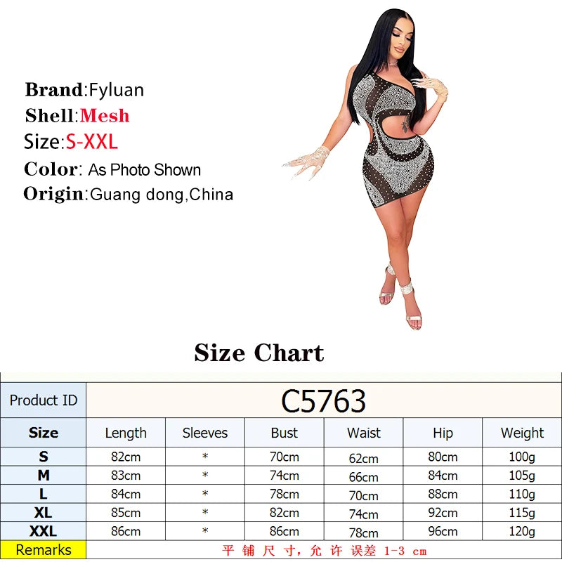 Mesh Perspective Women's Cut Out Waist Dress Inclined ShoulderSleeveless Set With Diamonds Slim Irregular Skirt Vacation Outfits