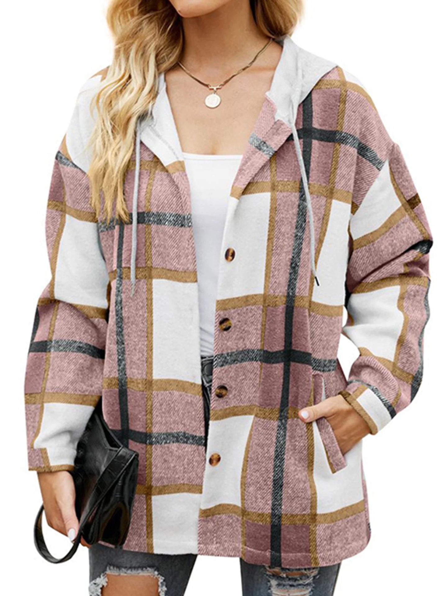 Flannel Shirts for Women Button down Plaid Shirt Hooded Shacket Jacket with Pocket - stylishhomedecor2024.com