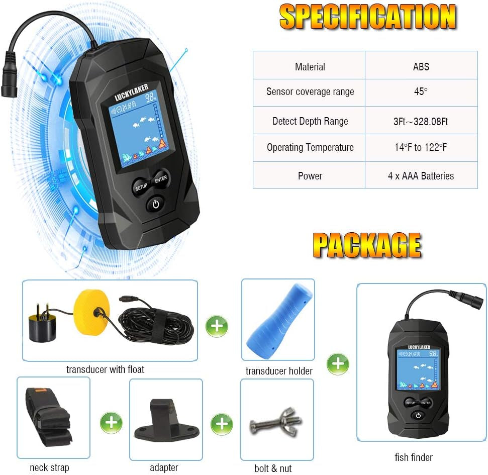 LUCKYLAKER Depth Handheld Fish Finder Display Boat Ice Fishing Finder Sonar Portable Wired Fish Finders Transducer LCD Monitor