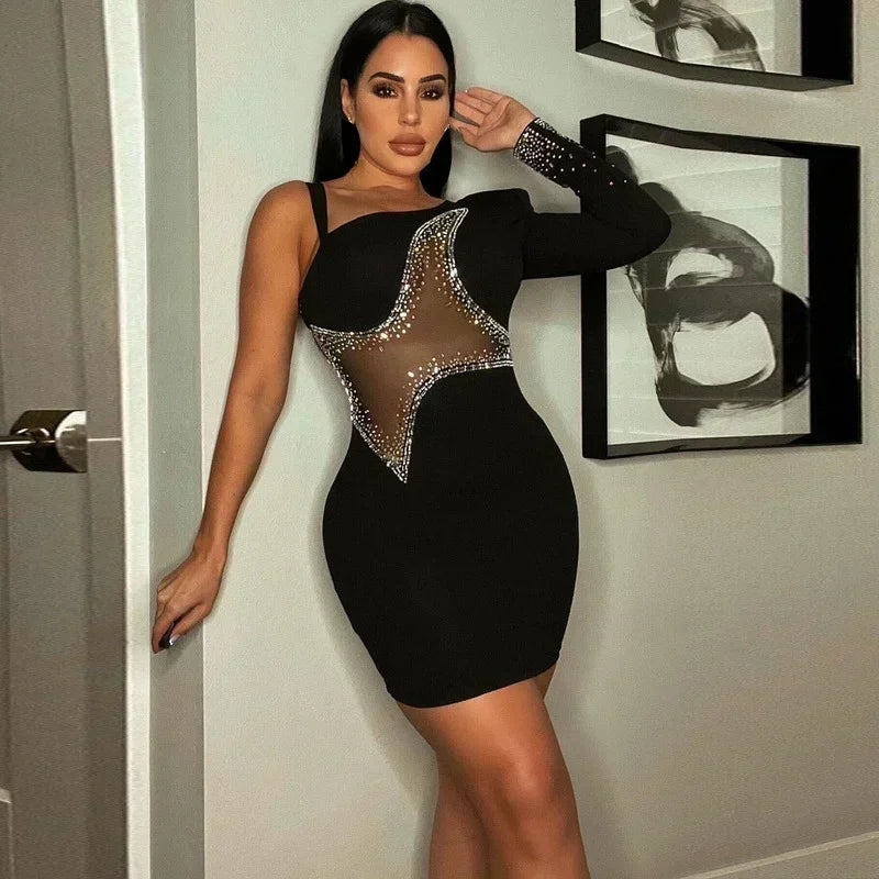 GUWU Sparkle Singe Shoulder Black Rhinestone Mini Women Dresses Glam Mesh Patchwork Crystal Party Nightclub Dress