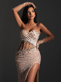 VC Beige Sequins Strapless Long Dress Backless See through Mesh Crystal High Slit Celebrity Party Evening Gowns with Gloves