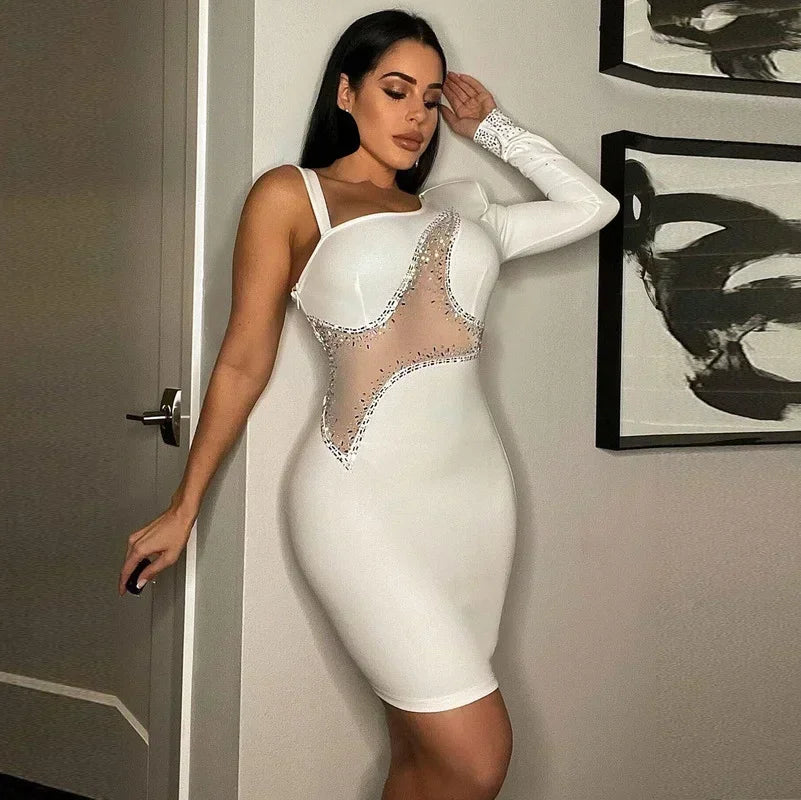 GUWU Sparkle Singe Shoulder Black Rhinestone Mini Women Dresses Glam Mesh Patchwork Crystal Party Nightclub Dress