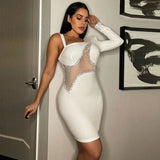 GUWU Sparkle Singe Shoulder Black Rhinestone Mini Women Dresses Glam Mesh Patchwork Crystal Party Nightclub Dress