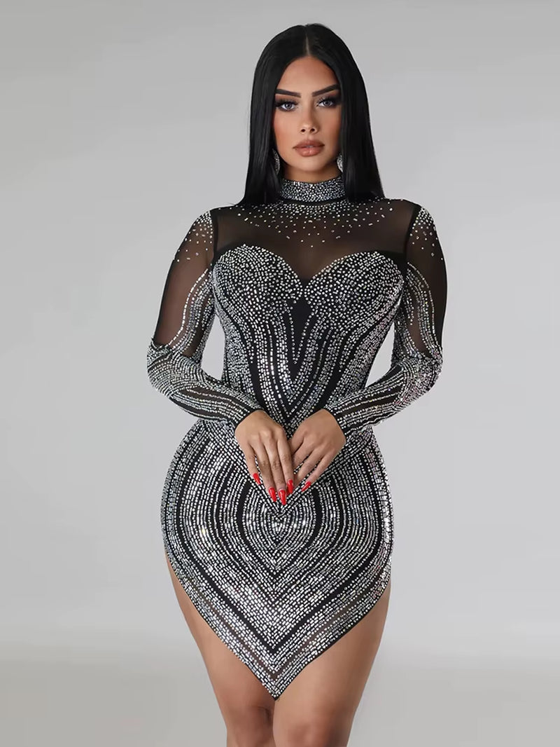 Idress Elegant Rhinestone Decor Sheer Mesh Bodycon Long Sleeve Dress for Women Sexy Designer Fashion Night Party Club Vestidos - stylishhomedecor2024.com