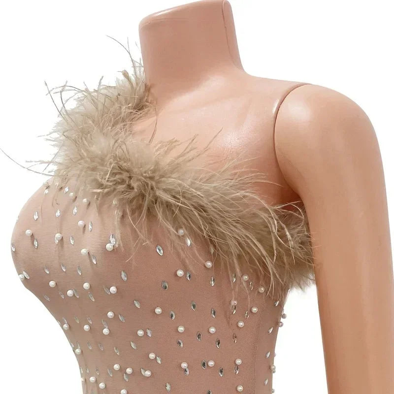 KEXU Feather Sheer Mesh Splicing Wraped Side Split Diamond Dress Beaded One Shoulder Rhinestones Sexy Club Party Women Dress