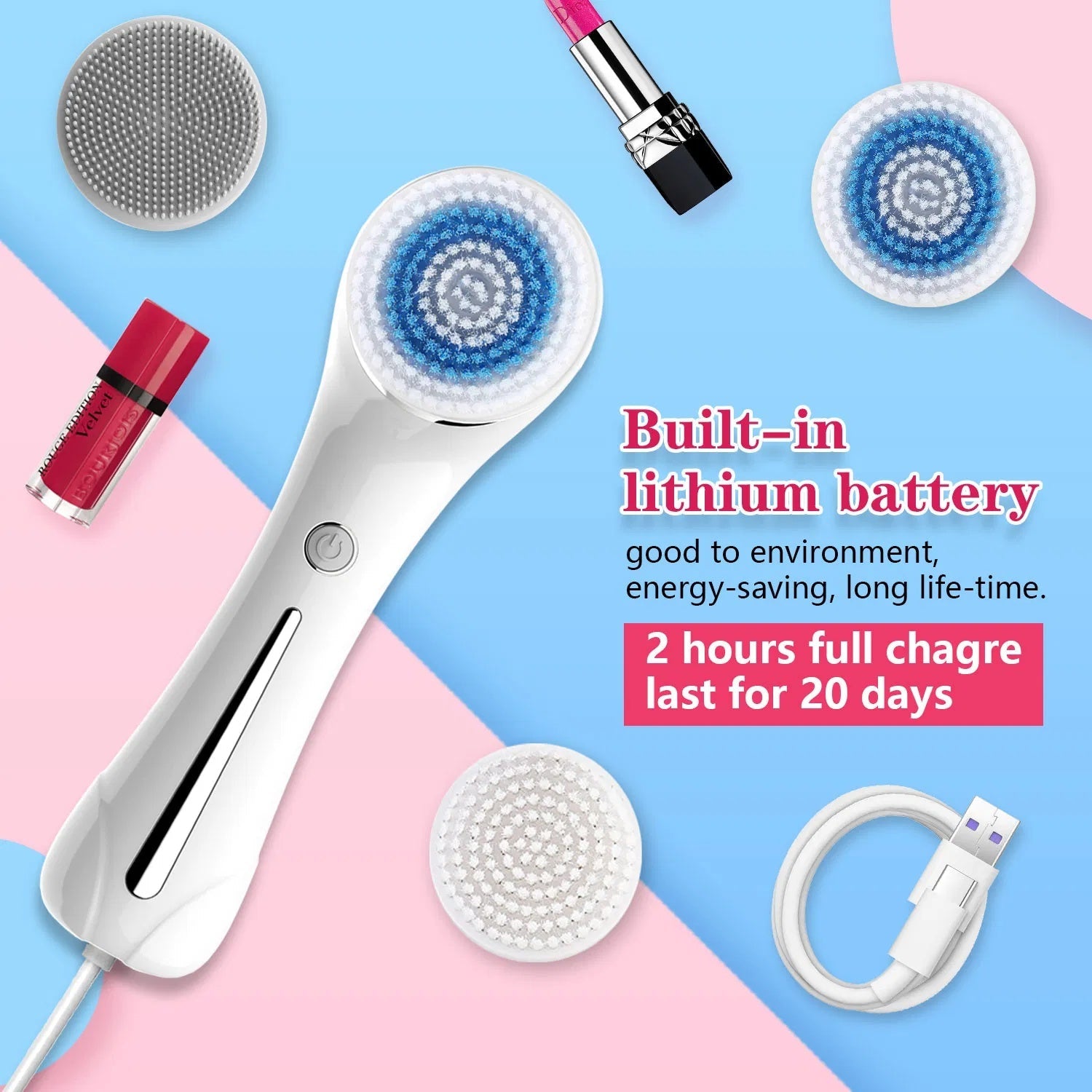 Facial Cleansing Brush – Rechargeable, IPX7 Waterproof, Multi-Head Kit