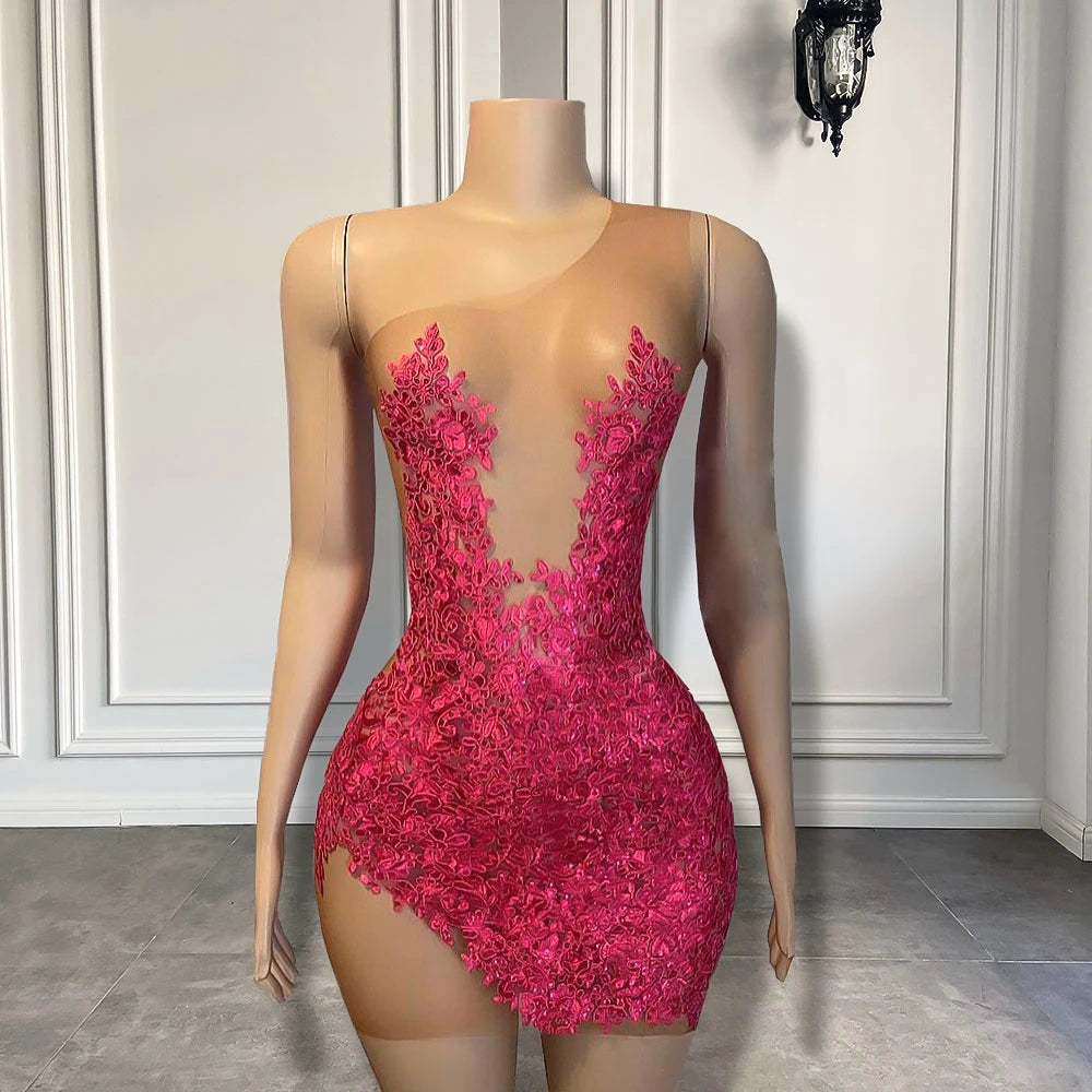 Sexy Sheer Mesh Women Cocktail Birthday Formal Gowns Hot Pink Beaded Applique African Black Girls Short Prom Dresses 2025