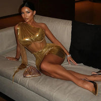 Sexy Night Club 2 Piece Sets Women Outfit Festival Clothing One Shoulder Mesh Patchwork Sheer Crop Top and Draped Mini Skirt Set