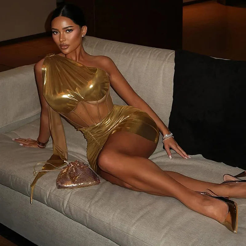 Sexy Night Club 2 Piece Sets Women Outfit Festival Clothing One Shoulder Mesh Patchwork Sheer Crop Top and Draped Mini Skirt Set