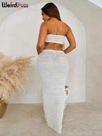 Elegant Women 2 Piece Set Midnight Thin Striped Knot Strapless Tops+Bandage Skirts 2023 Vacation Matching Clubwear - stylishhomedecor2024.com