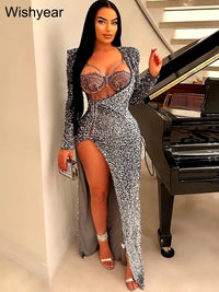 Elegant Christmas Birthday Celebrity Party Long Dress for Women Sexy High Split Sequins Lace Prom Evening Wedding Robe - stylishhomedecor2024.com