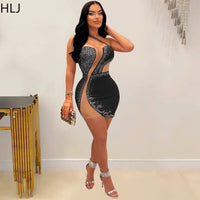 HLJ Sexy Hollow Out Mesh Patchwork Mini Dress Women One Shoulder Sleeveless Party Nightclub Fashion Female Rhinestones Vestidos