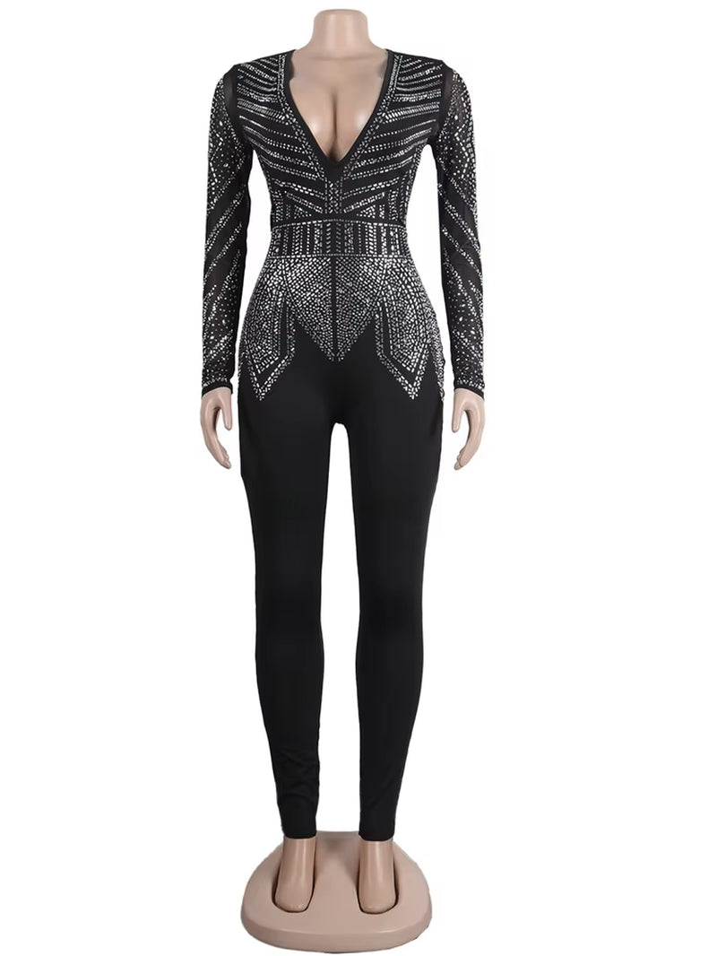 Sparkle Black Rhinestone Long Pants Jumpsuits Womens Autumn Long Sleeve Crystal Rompers Nightclub Outfits Clubwear - stylishhomedecor2024.com