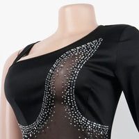 GUWU Sparkle Singe Shoulder Black Rhinestone Mini Women Dresses Glam Mesh Patchwork Crystal Party Nightclub Dress