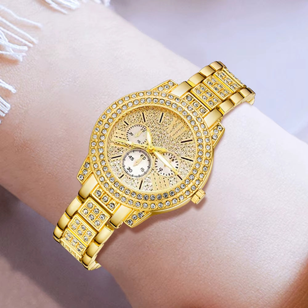 Women'S Quartz Watch Gold Luxury Women Ring Necklace Earring Rhinestone Fashion Wristwatch Casual Ladies Watches Jewelry Set ﻿