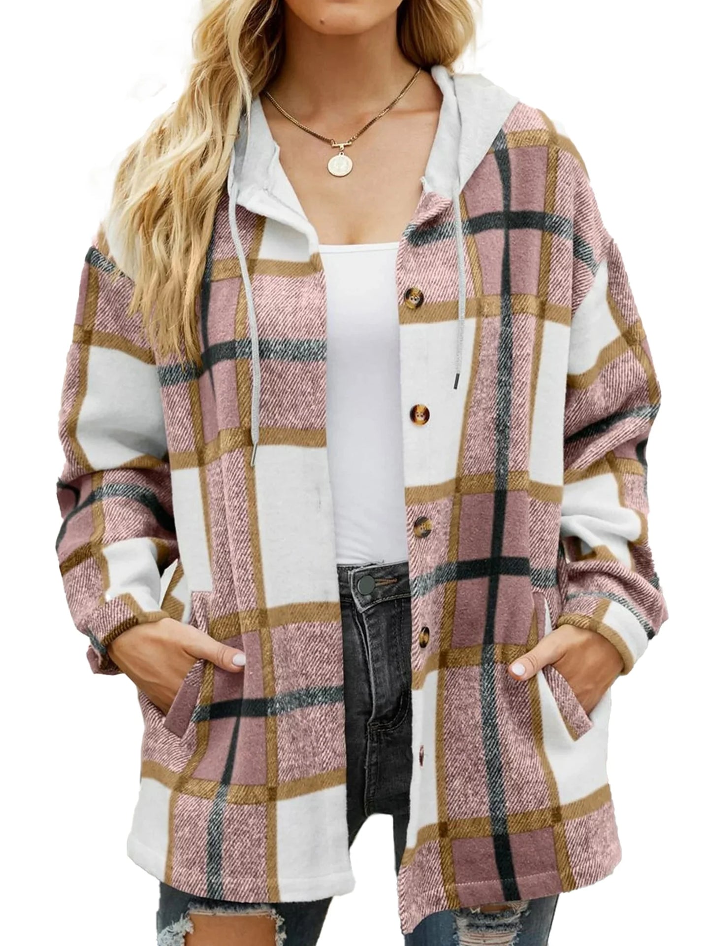 Flannel Shirts for Women Button down Plaid Shirt Hooded Shacket Jacket with Pocket - stylishhomedecor2024.com