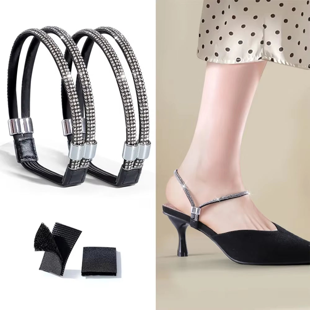 2Pcs Anti-Skid High Heels Shoes Band Women Rhinestone Shoelaces Triangle Bundle Anti-Drop Straps Belt Drill Elastic Fixing Belts - stylishhomedecor2024.com