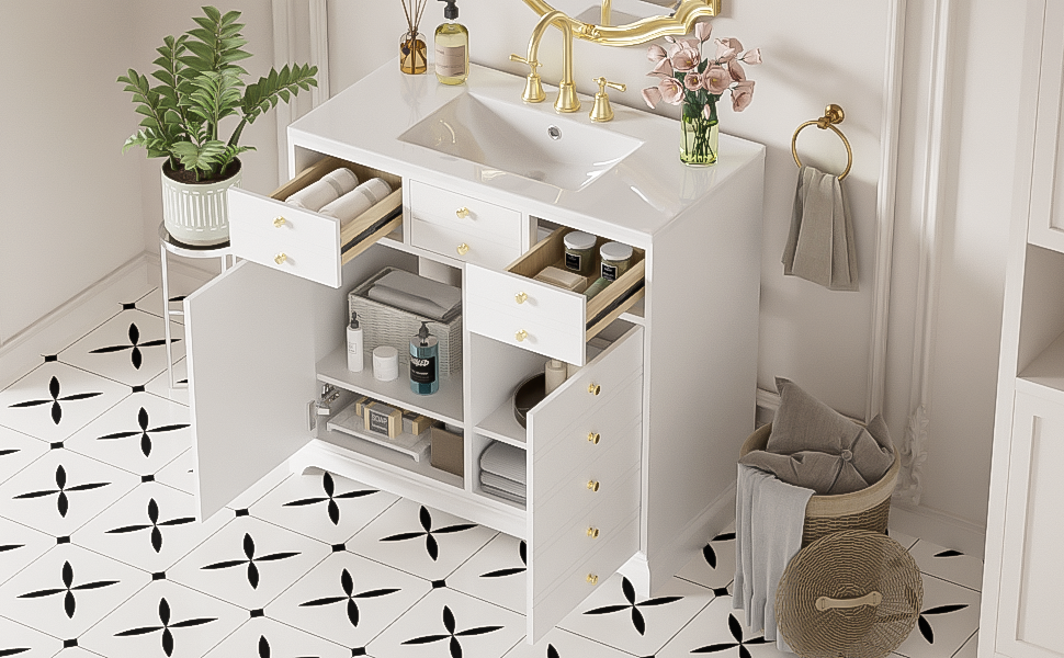 36" Bathroom Vanity with Ceramic Sink - Solid Wood