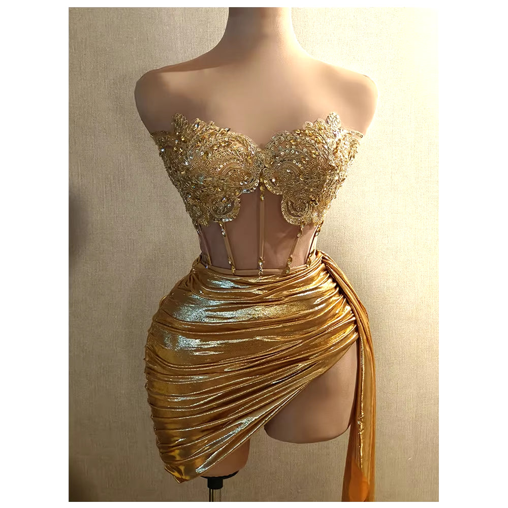 Women Glitter Top Two Pieces Short Skirt Sets Sexy Strapless Sequins Rhinestone Luxury Gold Dress Design 2024 Stage Show Outfit - stylishhomedecor2024.com