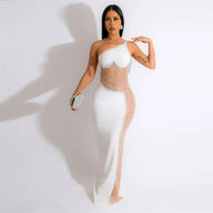 Sexy See-through Mesh Patchwork Sheath Maxi Dress Women Elegant One Shoulder Crystal Rhinestones Night Party Prom Birthday Dress