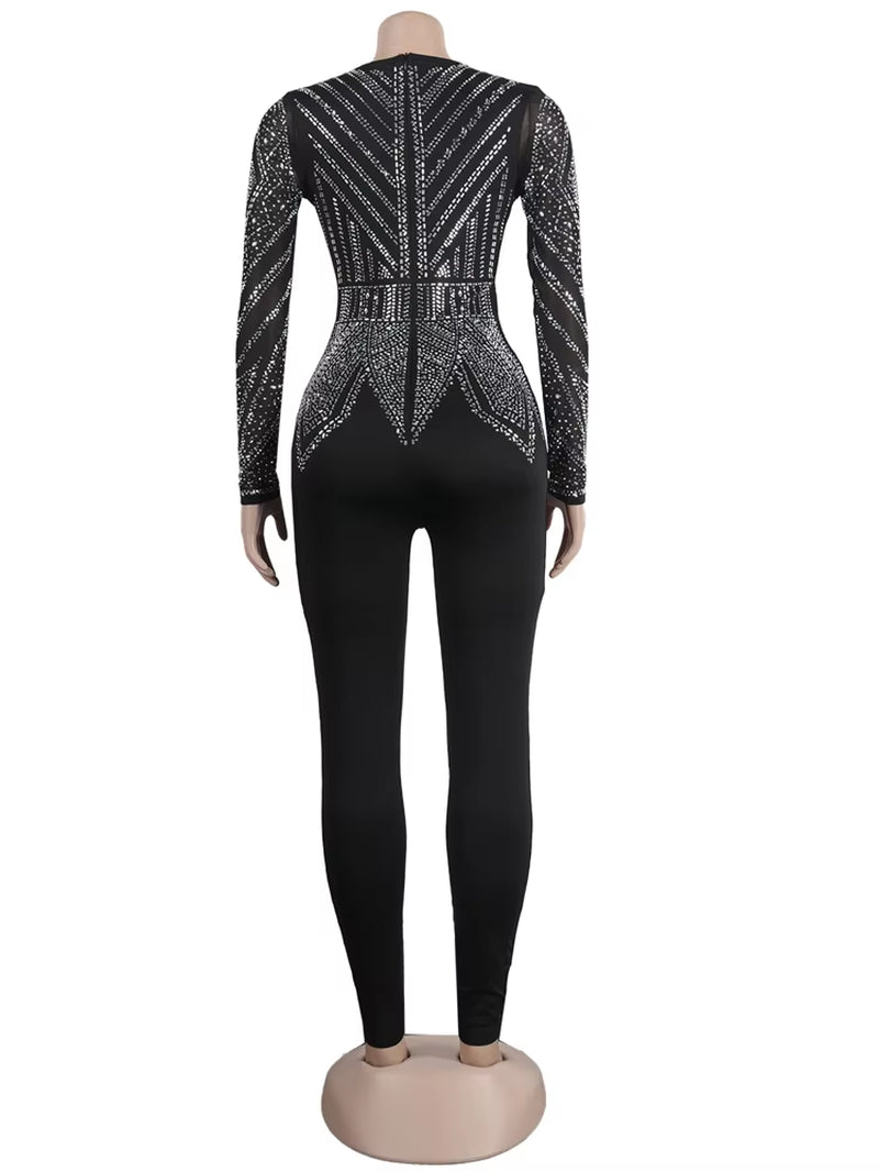 Sparkle Black Rhinestone Long Pants Jumpsuits Womens Autumn Long Sleeve Crystal Rompers Nightclub Outfits Clubwear - stylishhomedecor2024.com