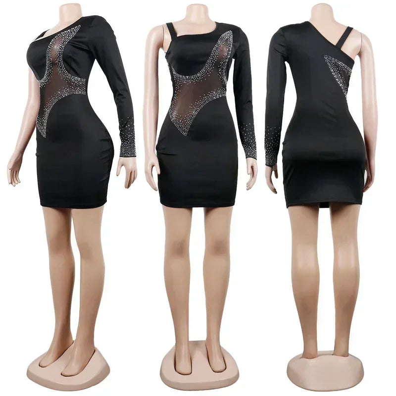 GUWU Sparkle Singe Shoulder Black Rhinestone Mini Women Dresses Glam Mesh Patchwork Crystal Party Nightclub Dress