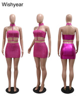 New Silvery Sexy Mini Skirt and Choker Crop Top Strapless Halter Two 2 Piece Set Women Rhinestones Night Club Birthday Outfits - stylishhomedecor2024.com