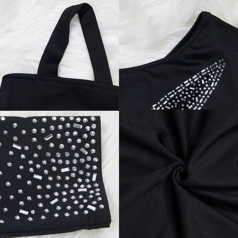 GUWU Sparkle Singe Shoulder Black Rhinestone Mini Women Dresses Glam Mesh Patchwork Crystal Party Nightclub Dress