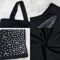 GUWU Sparkle Singe Shoulder Black Rhinestone Mini Women Dresses Glam Mesh Patchwork Crystal Party Nightclub Dress