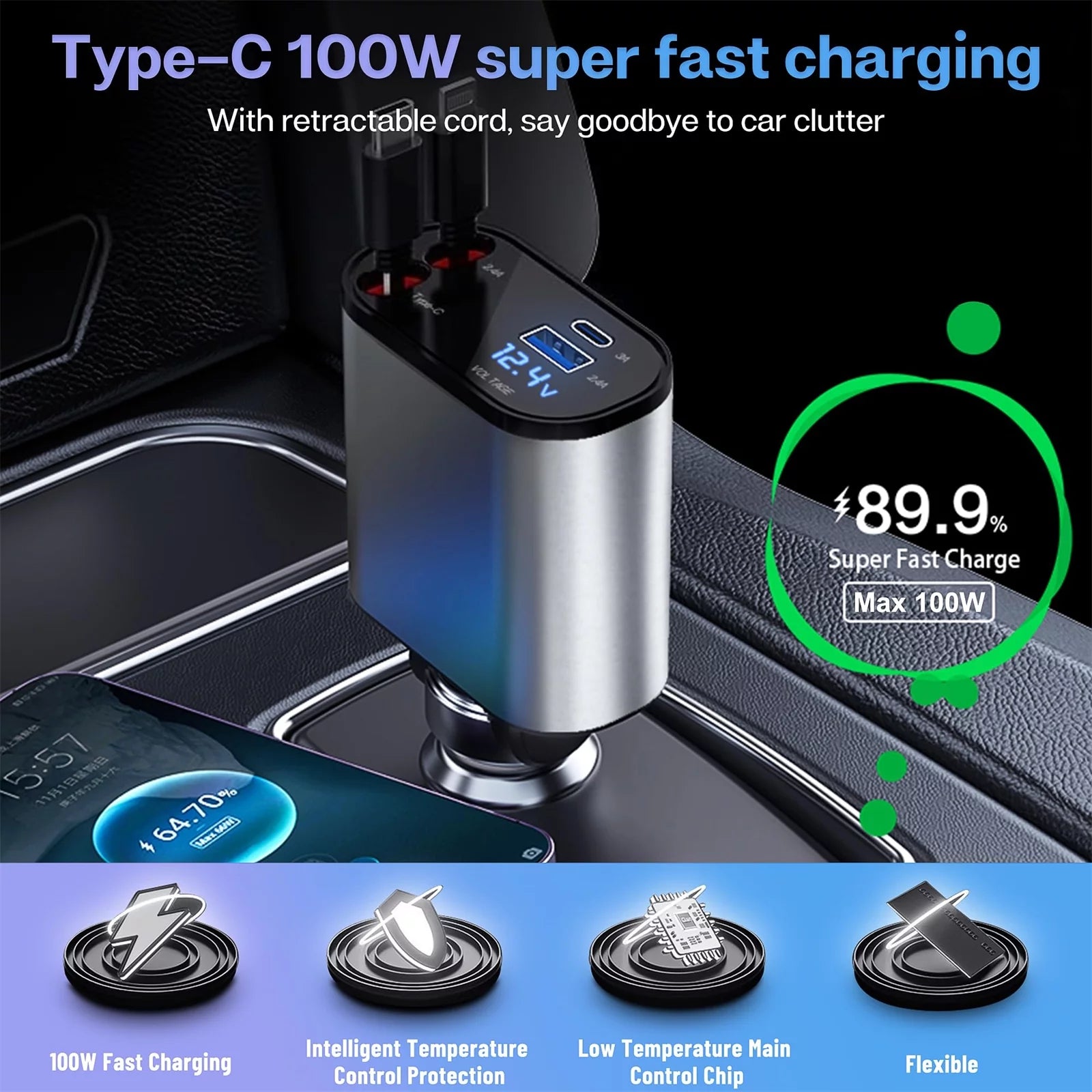 4 in 1 Retractable Car Charger, 100W Fast Car Phone Charger with Iphone and Type C Cable and 2 Charging Ports Car Charger Adapter - stylishhomedecor2024.com