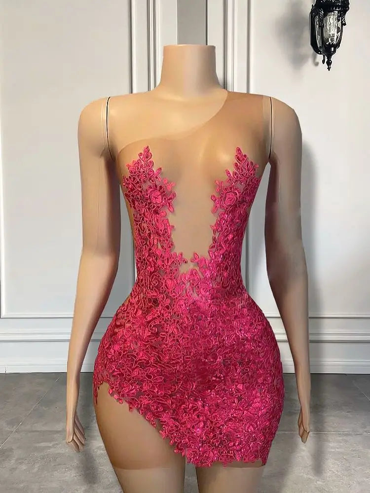 Sexy Sheer Mesh Women Cocktail Birthday Formal Gowns Hot Pink Beaded Applique African Black Girls Short Prom Dresses 2025