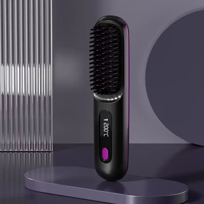 Electric LCD Usb Ceramic Heating Straight Hair Comb Wireless Portable Negative Ion Styling Tool Rechargeable Straightening Brush