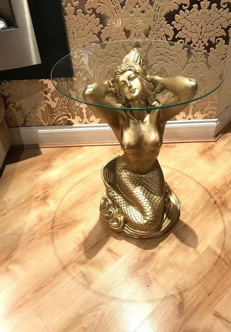 Function Center Decoration Girl Statue Lady Female Figural Art Casting Woman Bronze Sculpture Coffee Table with Glass Top