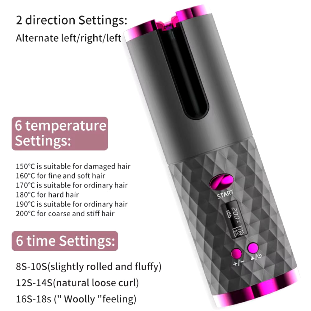 Automatic Wireless Hair Curler Cordless Rotating USB Rechargeable Curling Iron Display Temperature Adjustable Timing Hair Curler