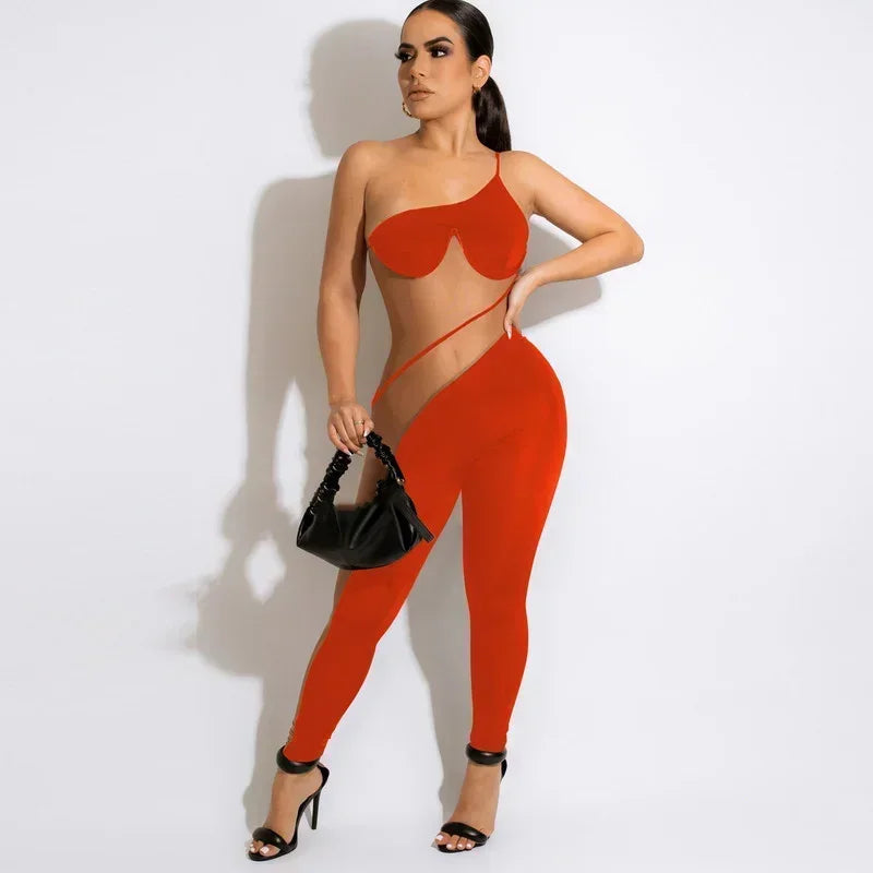 GUWU Mesh See Though One Shoulder Spaghetti Strap Sleeveless Women Jumpsuit  Summer Sexy Party Club Playsuit Overalls