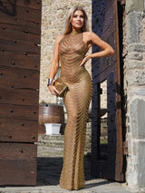 Women Luxury Sexy Mesh Sequins Crystal Diamonds Maxi Long Dress Birthday Party Costume Bar Nightclub Stage Performance Outfit
