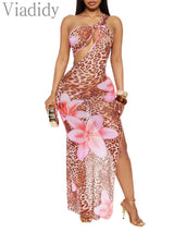 Women's Sexy Print See Through Sheer Mesh One Shoulder Sleeveless Side Slit Party Dress