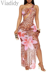 Women's Sexy Print See Through Sheer Mesh One Shoulder Sleeveless Side Slit Party Dress