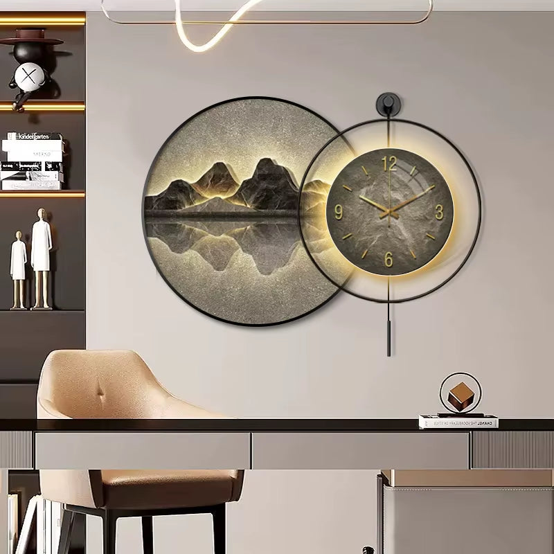 Luxury Modern LED Wall Clock Crystal Canvas Landscape Paintings Digital Modern Lighting Wall Art Mountain Wall Decoration Living