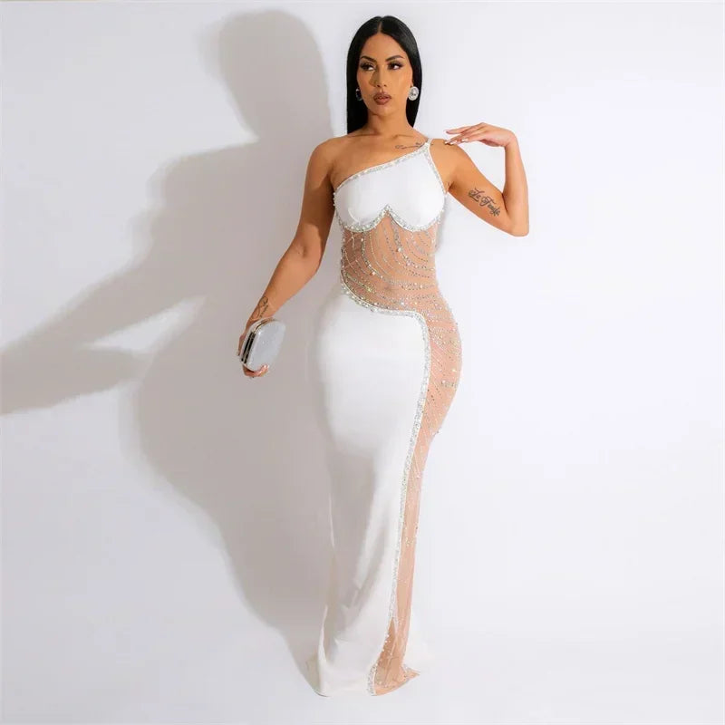 Sexy See-through Mesh Patchwork Sheath Maxi Dress Women Elegant One Shoulder Crystal Rhinestones Night Party Prom Birthday Dress