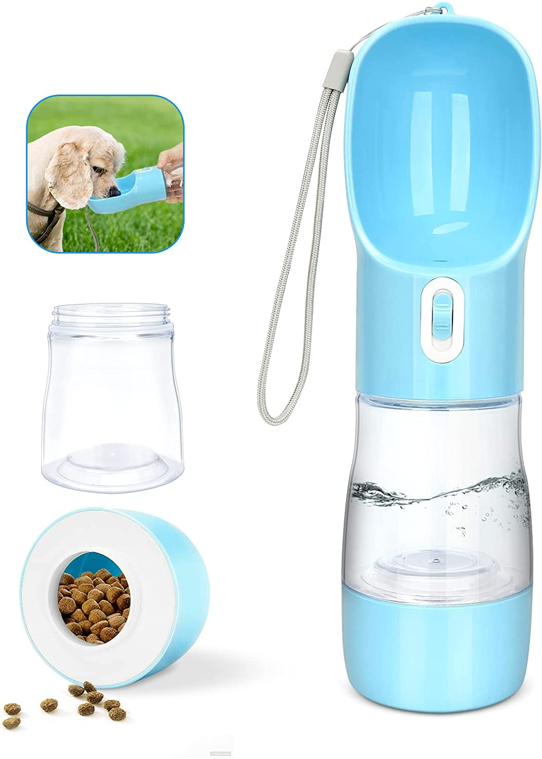 Portable Dog Water Bottle for Walking, Leak Proof Puppy Water Bottle with Food Container, Lightweight Pet Water Bottle for Hiking, Easy to Carry, BPA Free (Blue) - stylishhomedecor2024.com