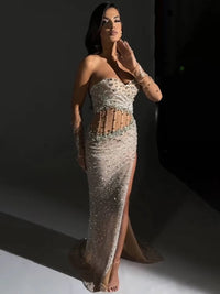VC Beige Sequins Strapless Long Dress Backless See through Mesh Crystal High Slit Celebrity Party Evening Gowns with Gloves