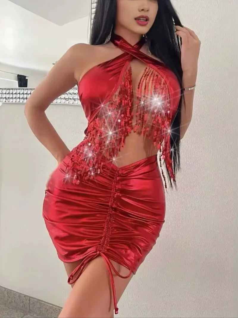 New European and American Red Tassel Sexy Halter Hip-Emphasizing Dress - stylishhomedecor2024.com